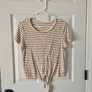 American Eagle Outfitters Beige and Brown Striped Tie-Front Tee